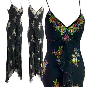 Vintage Sue Wong Nocturne Black Silk Beaded Slip Dress Floral Embroidered Size 2